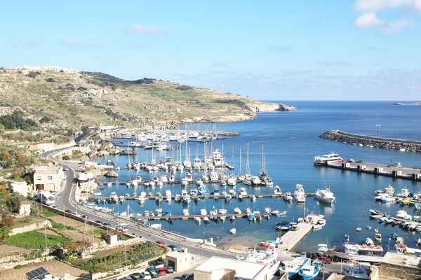 Panoramic view over the harbor of Mgarr on Gozo.